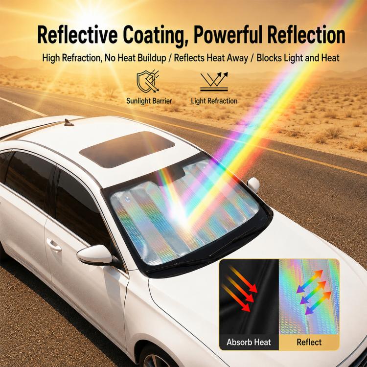 Car windshield sunshade with prismatic rainbow reflective coating across front glass