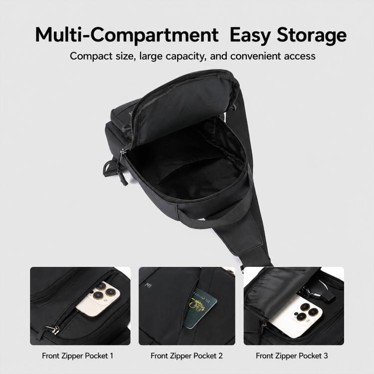 Black crossbody chest bag with curved flap and multiple front zipper pockets