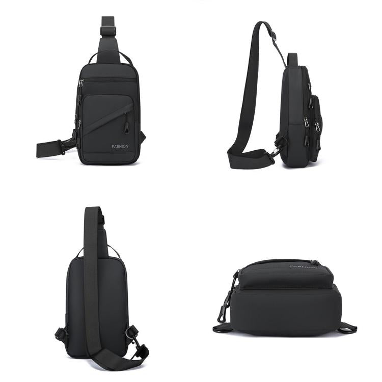 Black multi-angle view of crossbody chest bag with front pockets and shoulder strap