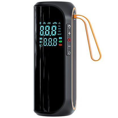 Black electric car tire inflator with curved digital display and orange carrying handle