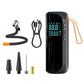 Black electric tire inflator with curved screen, orange handle, and included hose/nozzles