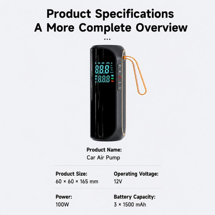 Black car air pump inflator with blue digital display and orange carrying loop; compact
