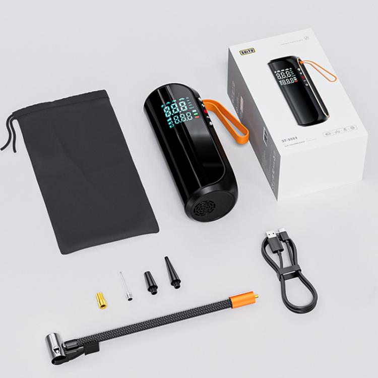 Portable car tire inflator kit with black pump, orange loop, hose, nozzles, and storage bag