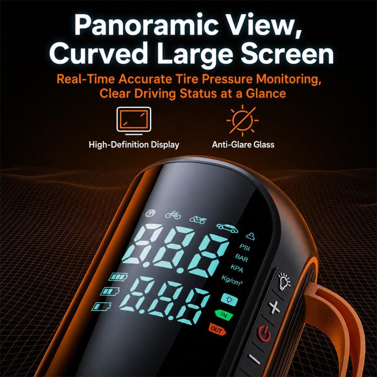Black car air pump with large panoramic curved digital display and orange handle