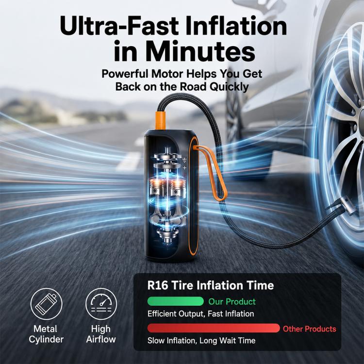 Black electric air pump with orange handle, flexible hose, and metal valve tips