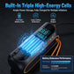 Black inflator with orange handle and illuminated battery chamber beside glowing display