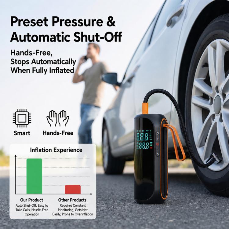 Black tire inflator with LED display and orange handle, preset pressure and auto shut-off controls