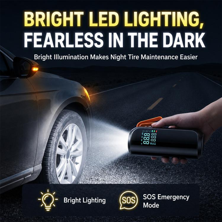 Black air inflator with bright LED lighting, SOS emergency mode, and digital pressure screen