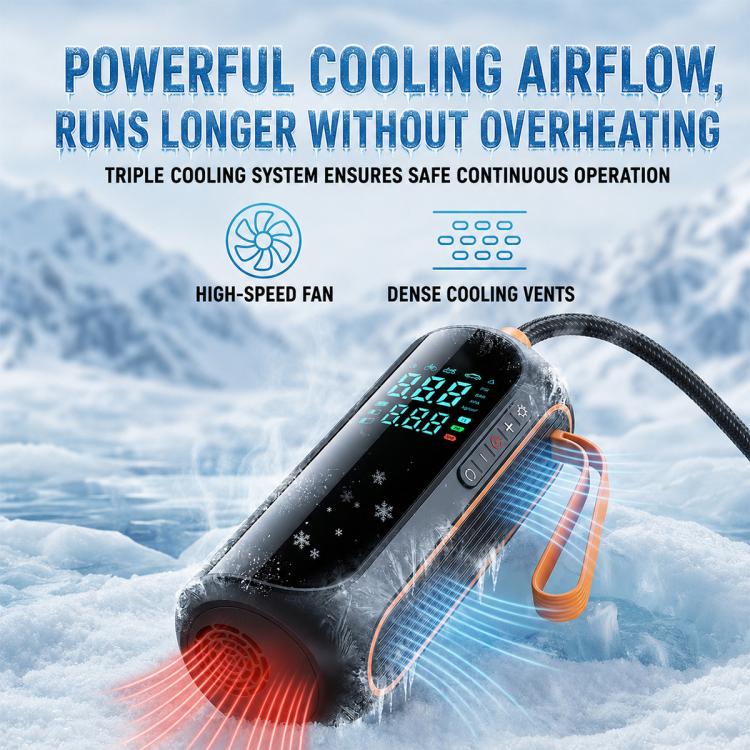 Black electric inflator with orange handle, digital display, and cooling airflow vents