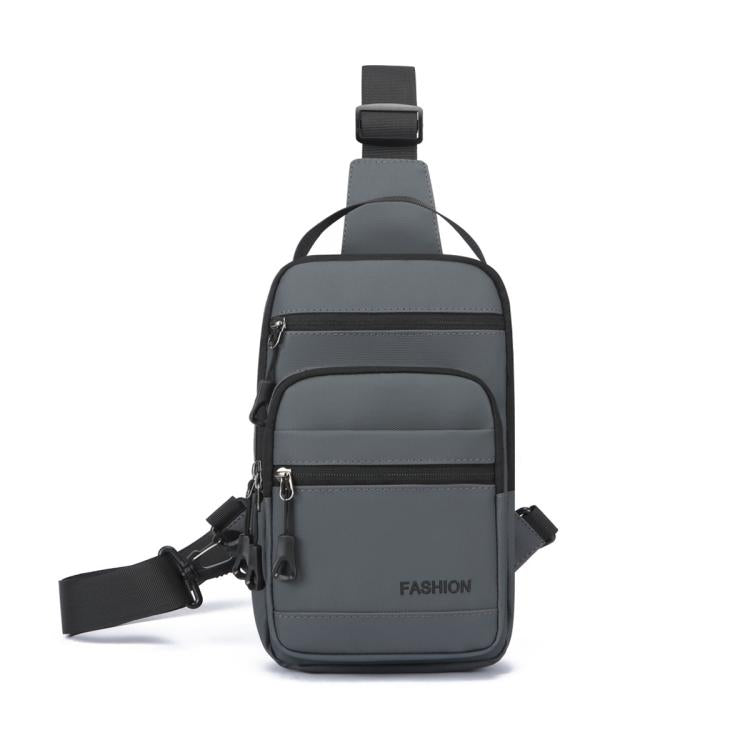 Dark gray crossbody chest bag with curved top strap, front zip pocket, and adjustable webbing strap
