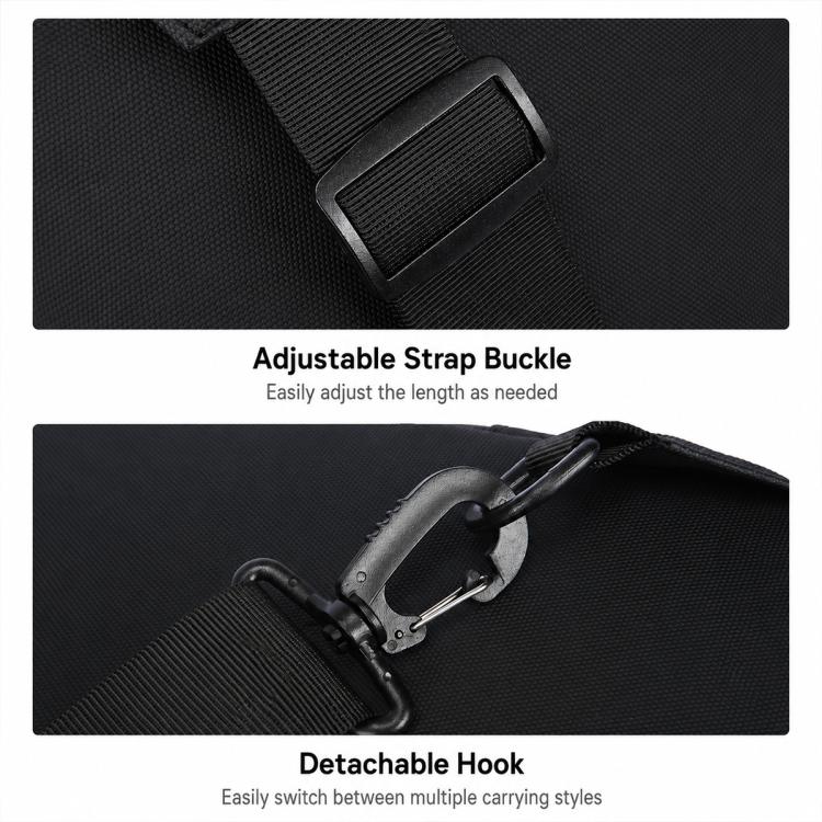 Black crossbody chest bag close-up of adjustable strap buckle and smooth metal hardware