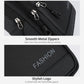 Black crossbody chest bag close-up of smooth metal zippers and stitched logo patch