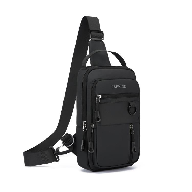 Black men crossbody chest bag with long shoulder strap and front vertical zipper pocket