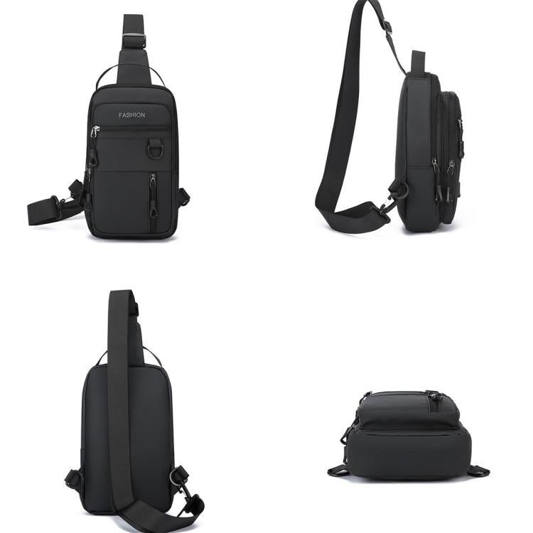 Black men crossbody chest bag with adjustable strap and front zip pockets (side views)