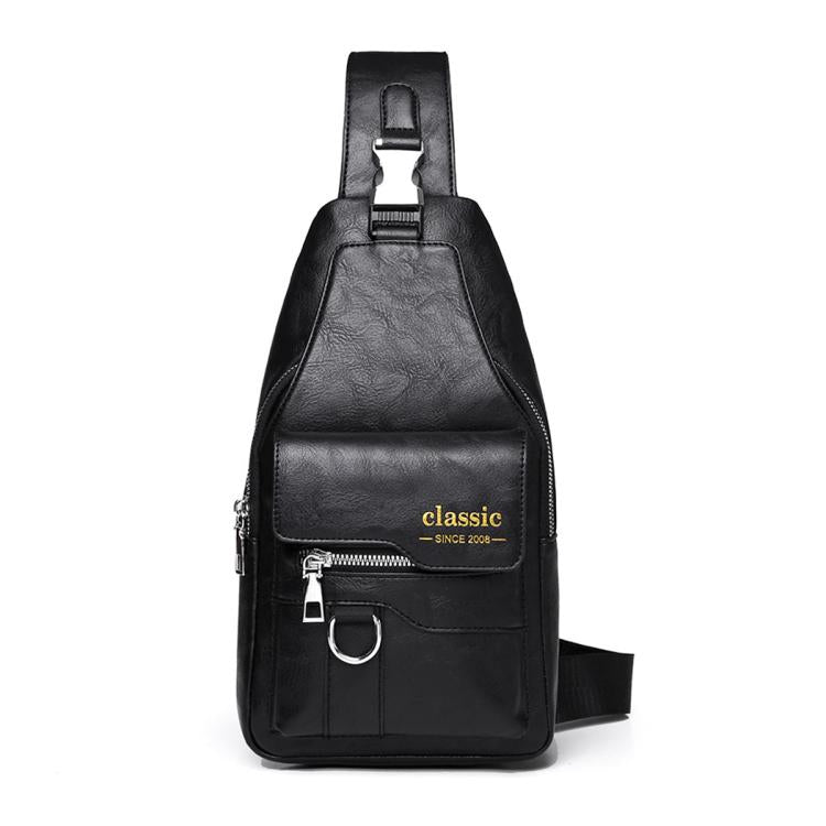 Black vintage PU leather sling bag with top handle, front zipper pocket, and adjustable strap