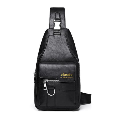Black vintage PU leather sling bag with top handle, front zipper pocket, and adjustable strap
