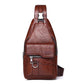 Dark brown vintage PU leather sling bag with top handle, front zipper pocket, and crossbody strap