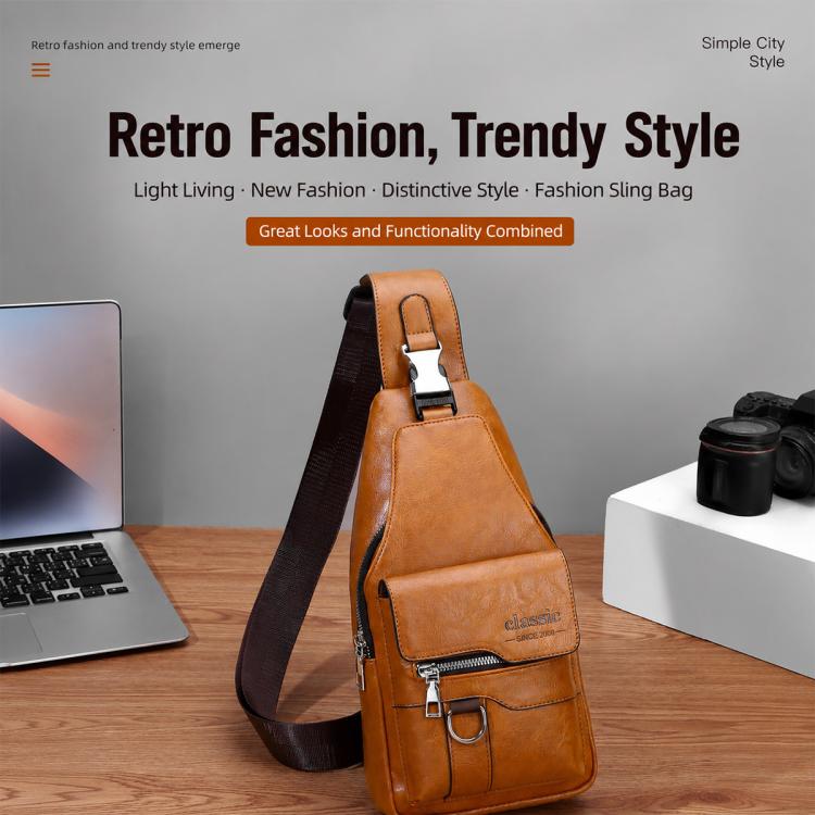 Tan PU leather sling bag with front zipper pocket, top handle, and adjustable crossbody strap