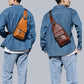 Men's vintage PU leather sling bag, brown crossbody style with adjustable strap