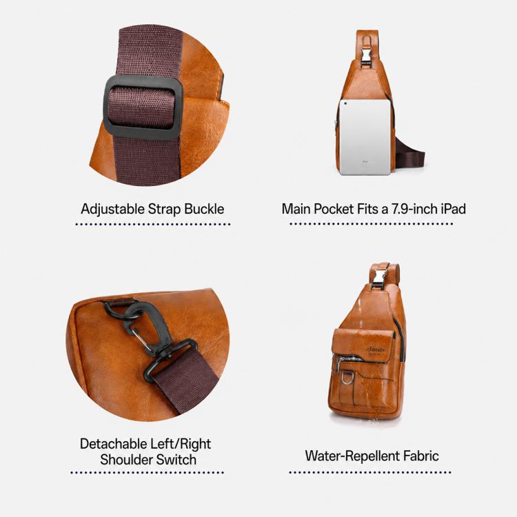 Tan sling bag detail views: adjustable strap buckle, main pocket, and detachable strap switch