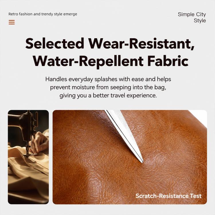 Tan PU leather sling bag close-up showing water-repellent, scratch-resistant texture
