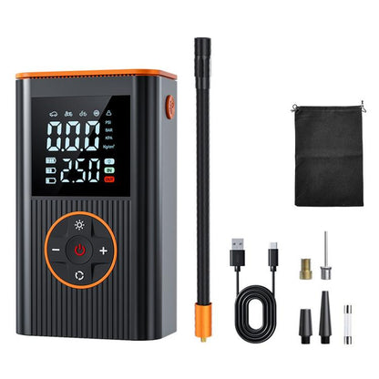 Digital tire inflator pump with LED screen, orange accents, and air hose attachments