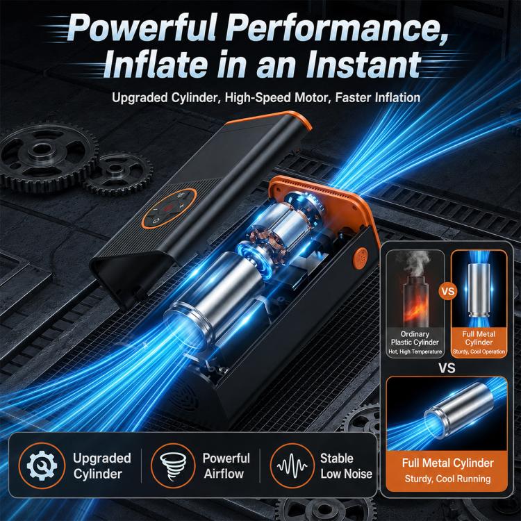 Tire inflator pump showing interior cylinder and blower parts detail
