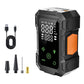 Portable tire inflator unit with dual LCD screen, orange grip panel, and included nozzle adapters