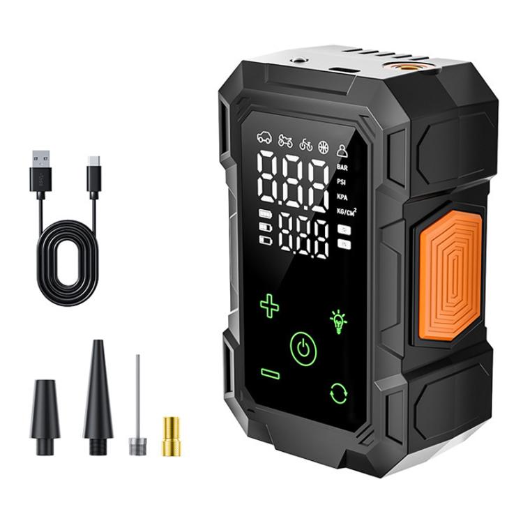 Portable tire inflator unit with dual LCD screen, orange grip panel, and included nozzle adapters