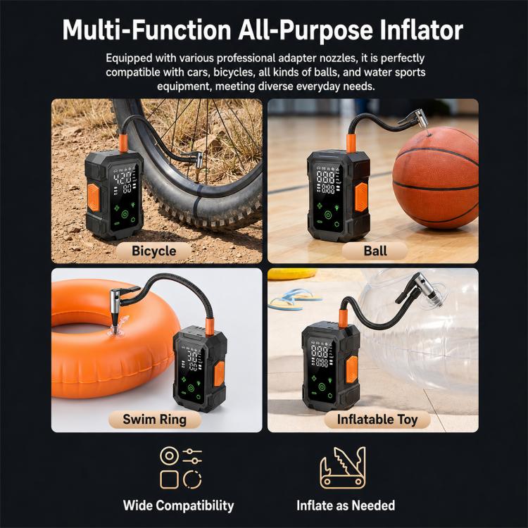 SUITU portable dual-screen electric tire inflator, black with orange accents
