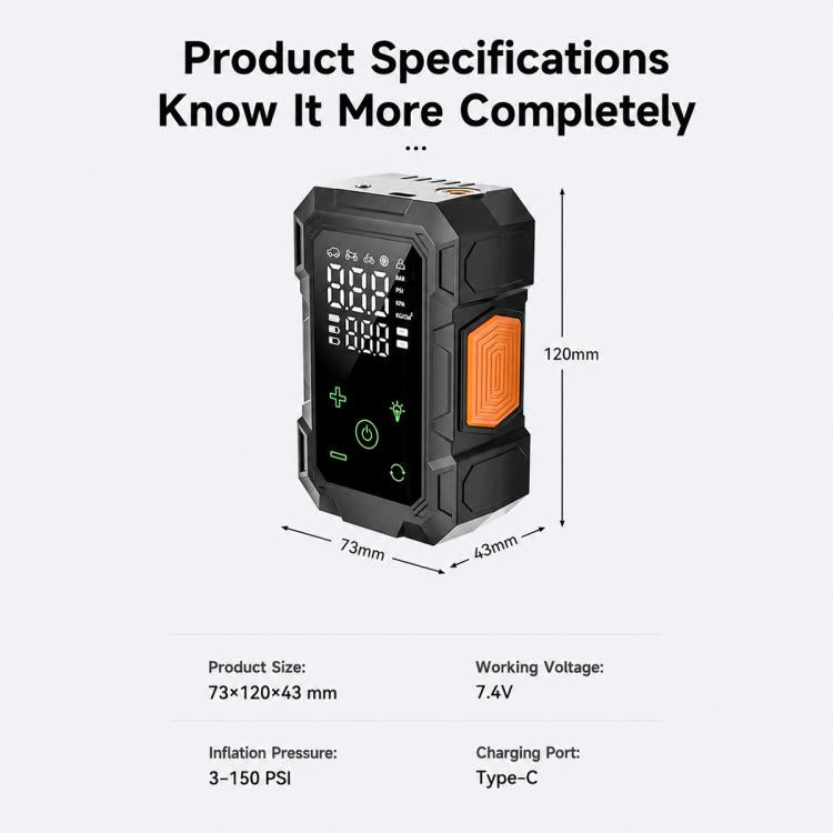 SUITU dual-screen electric tire inflator with display, front and side view