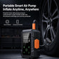 Portable smart air pump with orange top, blue hose, and dual digital display on black body
