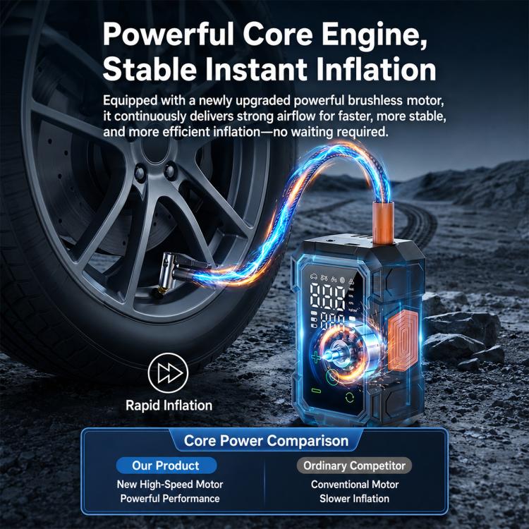 Cordless tire inflator with glowing core effect, orange top, and dual digital screen