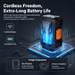 Cordless air pump with bright LCD, glowing blue battery light, black body with orange panel
