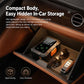 Compact tire inflator stored in car console, orange side panel, and digital display visible