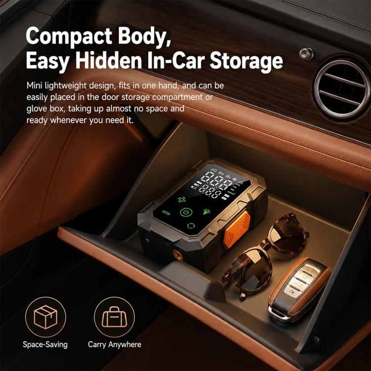 Compact tire inflator stored in car console, orange side panel, and digital display visible