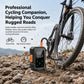 Portable air pump for bikes and tires, black unit with dual display, orange top, and hose