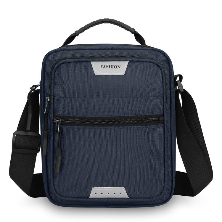 Men’s large crossbody bag in navy blue, with front zip pocket and adjustable shoulder strap