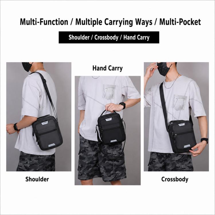Men’s crossbody bag worn on shoulder and crossbody, black with zip front pocket