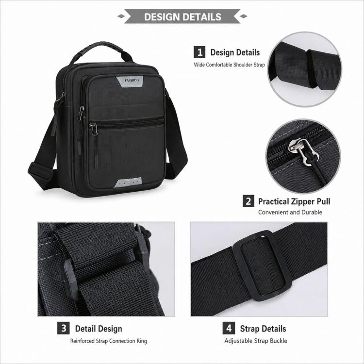 Men’s crossbody bag design details: wide comfort strap buckle and front zipper pull