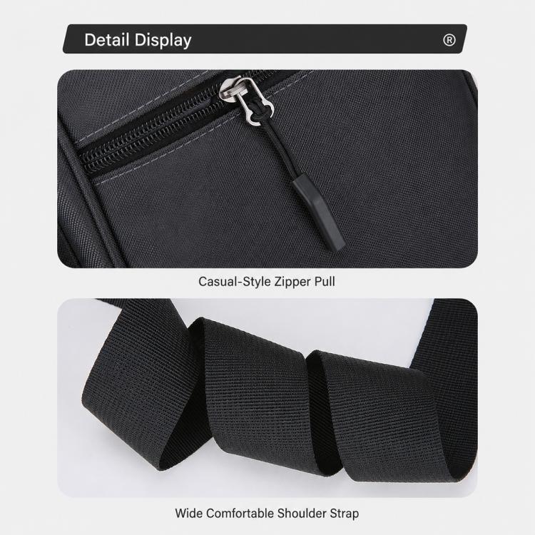 Men’s crossbody bag close-up of zipper pull and wide shoulder strap