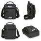 Men's black crossbody bag, front and side views with shoulder strap