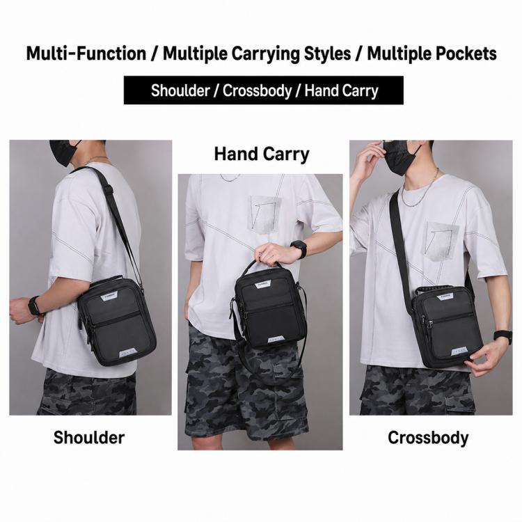 Men's black crossbody bag worn crossbody, shoulder, and hand-carry styles
