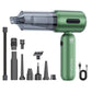 Green handheld car vacuum and blow-suction combo with multiple nozzle attachments