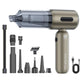 Silver grey handheld car vacuum and blow-suction combo with multiple nozzle attachments