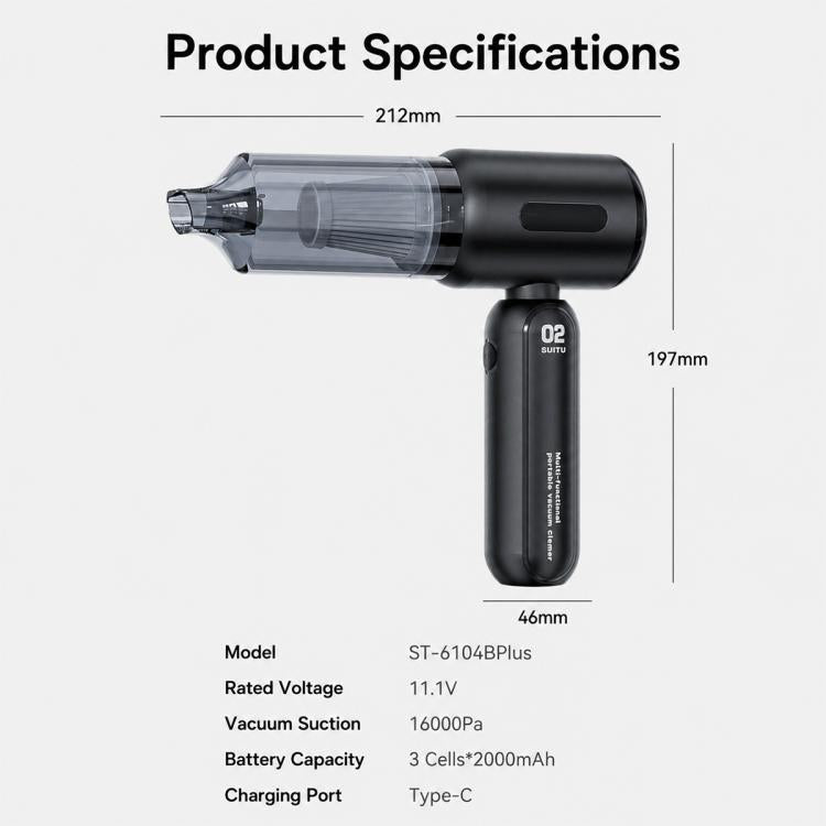 Black handheld car vacuum cleaner with size measurement diagram and handle
