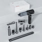 Handheld car vacuum cleaner kit with black body, hose, and multiple nozzles