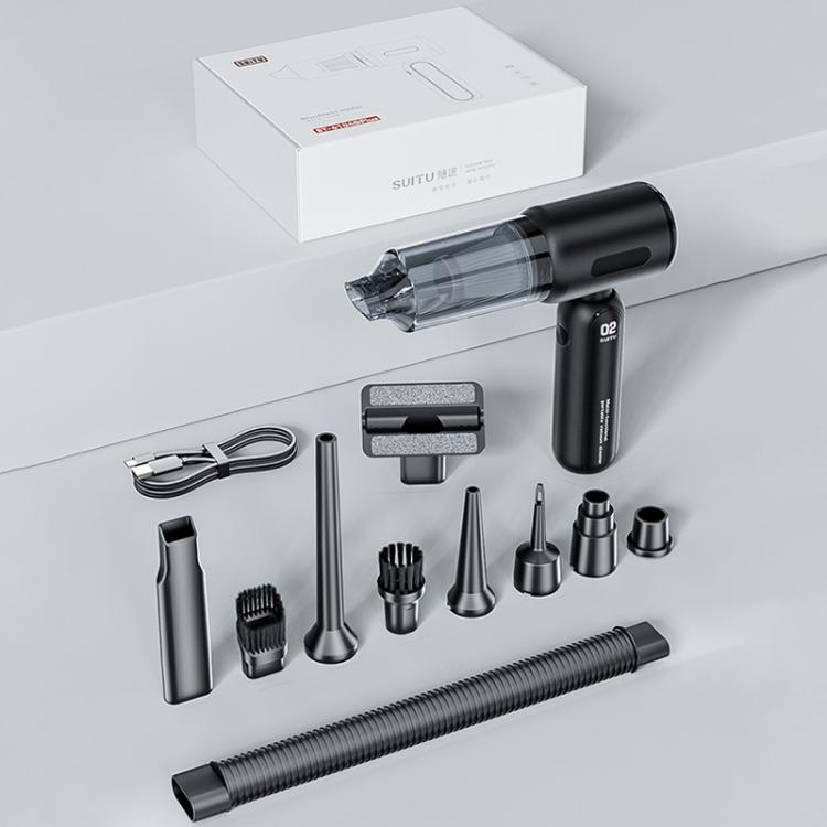 Handheld car vacuum cleaner kit with black body, hose, and multiple nozzles