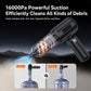 Black handheld car vacuum with clear nozzle chamber and suction airflow effect