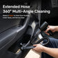 Handheld car vacuum with extended hose nozzle near car seat storage pocket